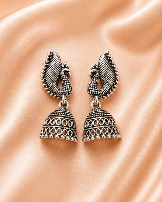 Oxidised Silver Peacock Jhumka Earrings