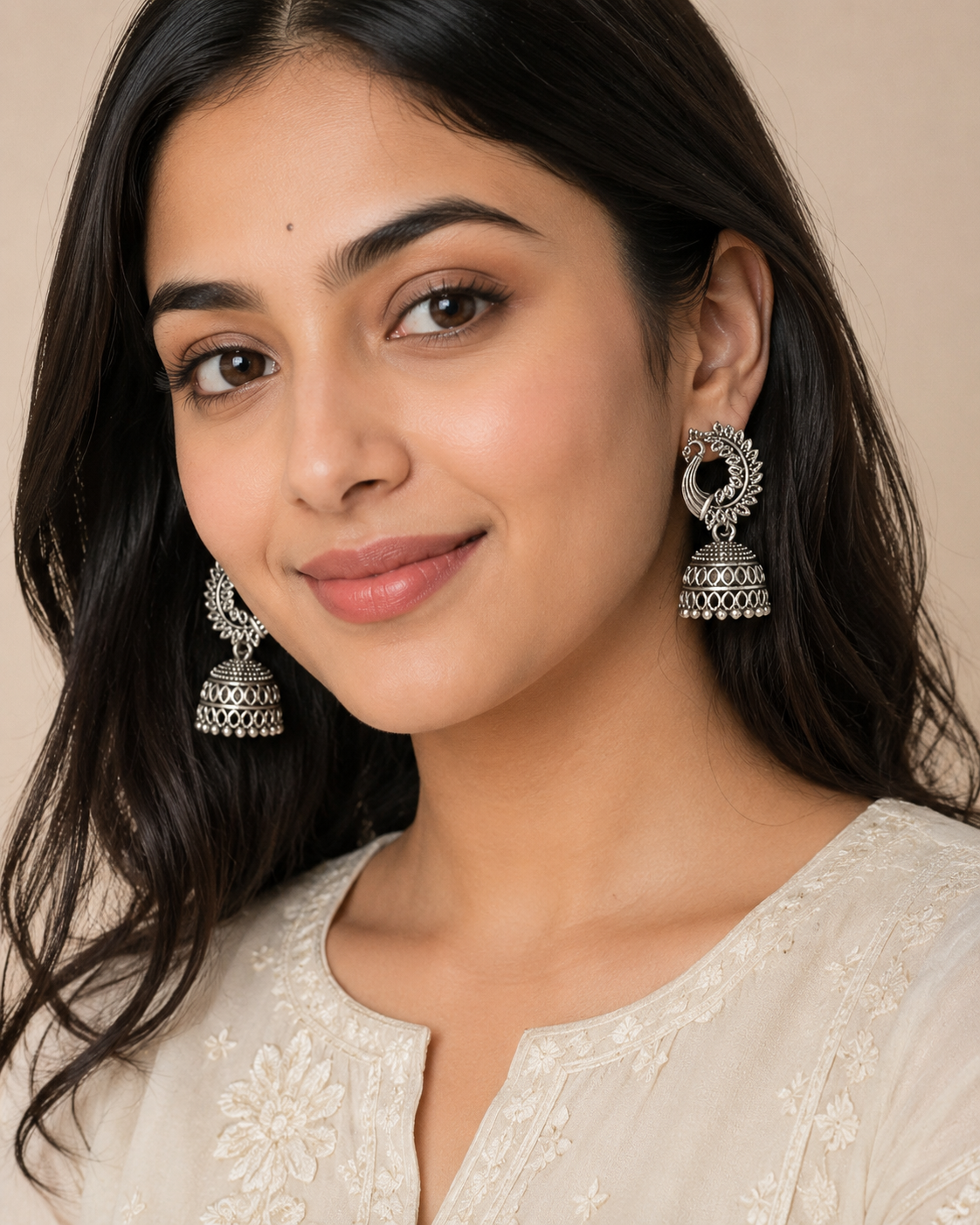 Oxidised Silver Peacock Chandbali Jhumka Earrings
