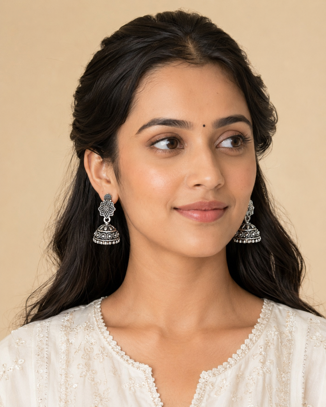 Oxidised Silver Floral Jhumka Earrings