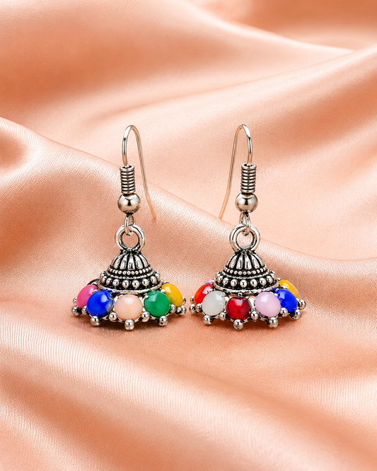 Oxidised Silver Multicolour Bead Jhumka Earrings