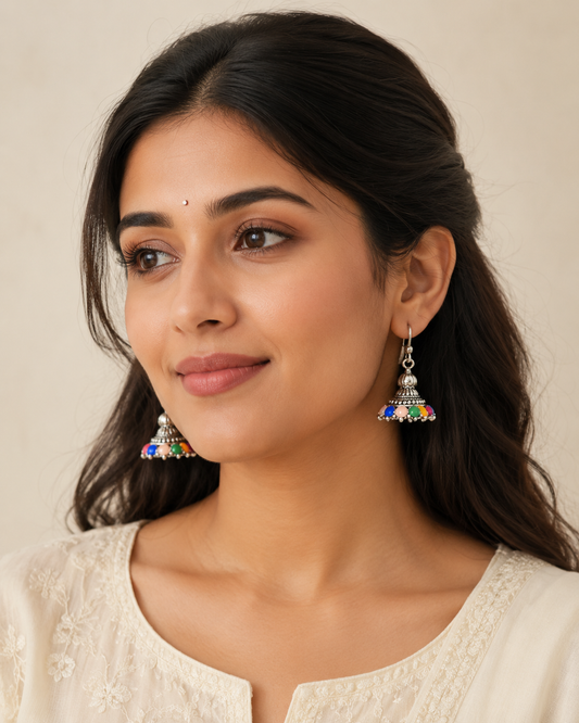 Oxidised Silver Multicolour Bead Jhumka Earrings