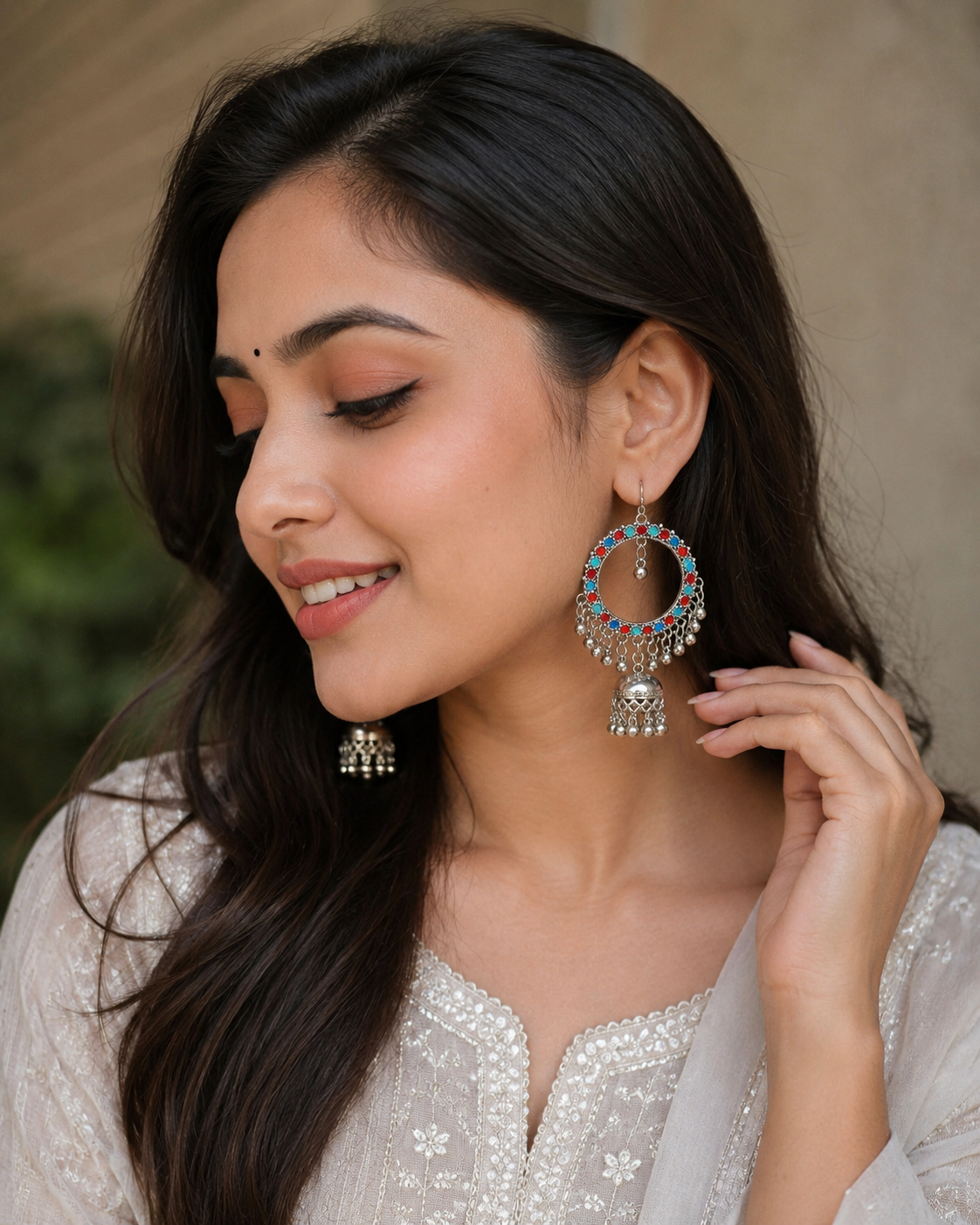 Oxidised Silver Multicolor Stone Hoop Jhumka Earrings