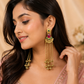 Gold Pink & Green Stone Chain Tassel Earrings