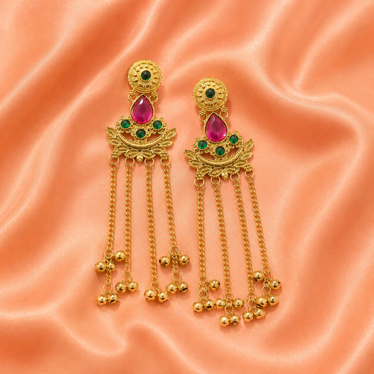Gold Pink & Green Stone Chain Tassel Earrings