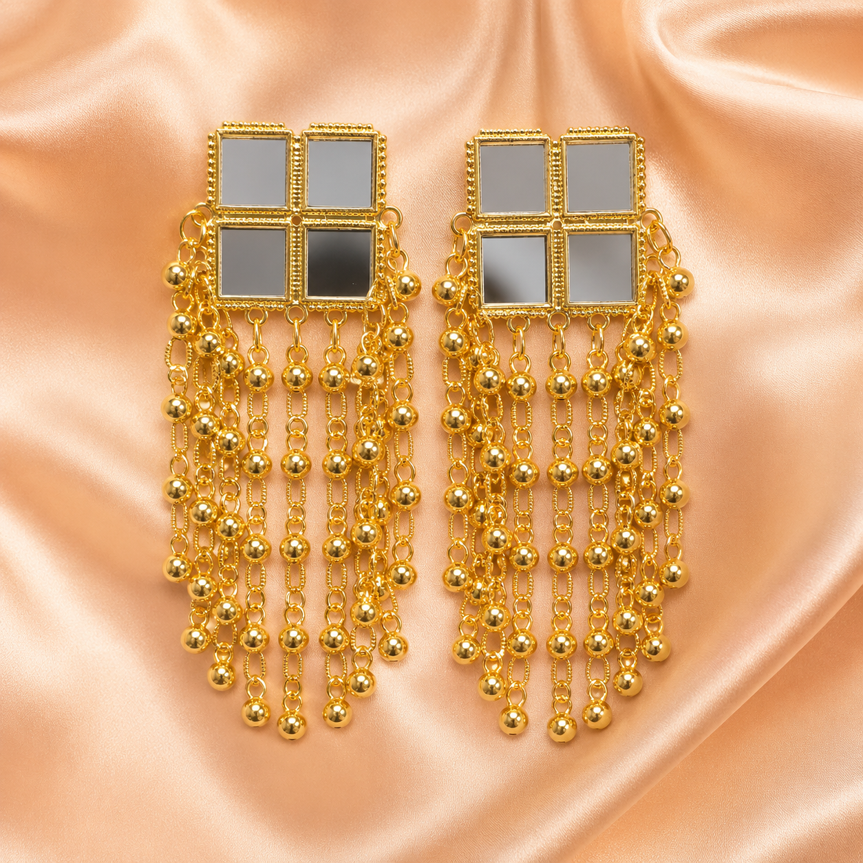 Gold Mirror Square Chain Tassel Kashmiri Earrings