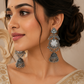 Oxidised Silver Jhumka Earrings with Pearl Stone Detailing