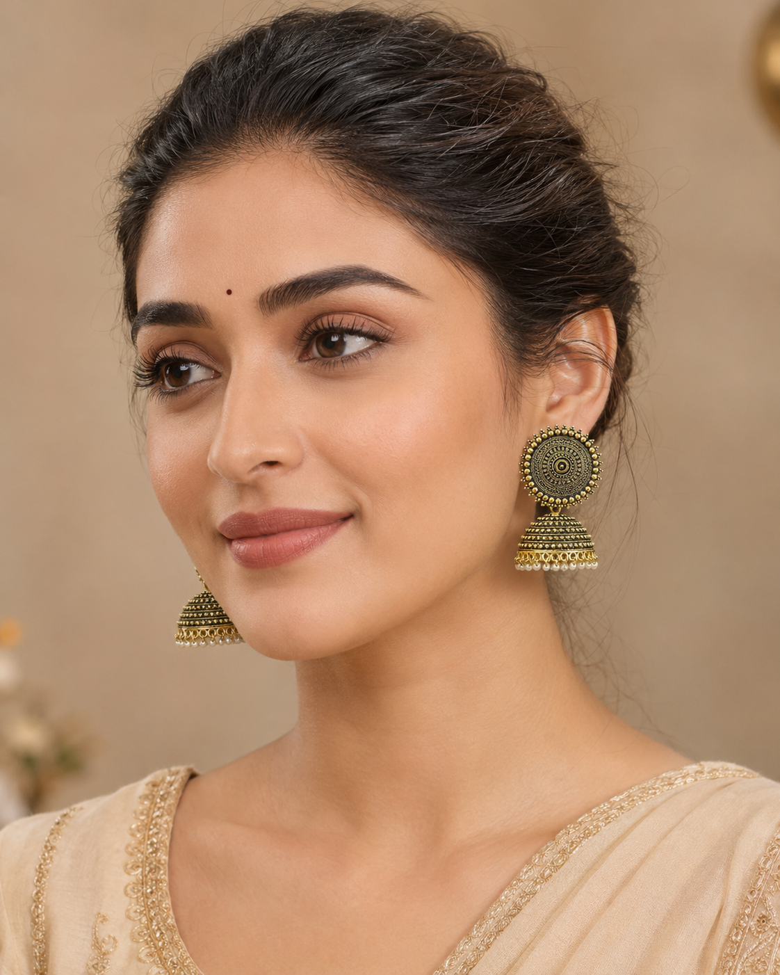 Golden Oxidised Round Jhumka Earrings with Pearl Drops