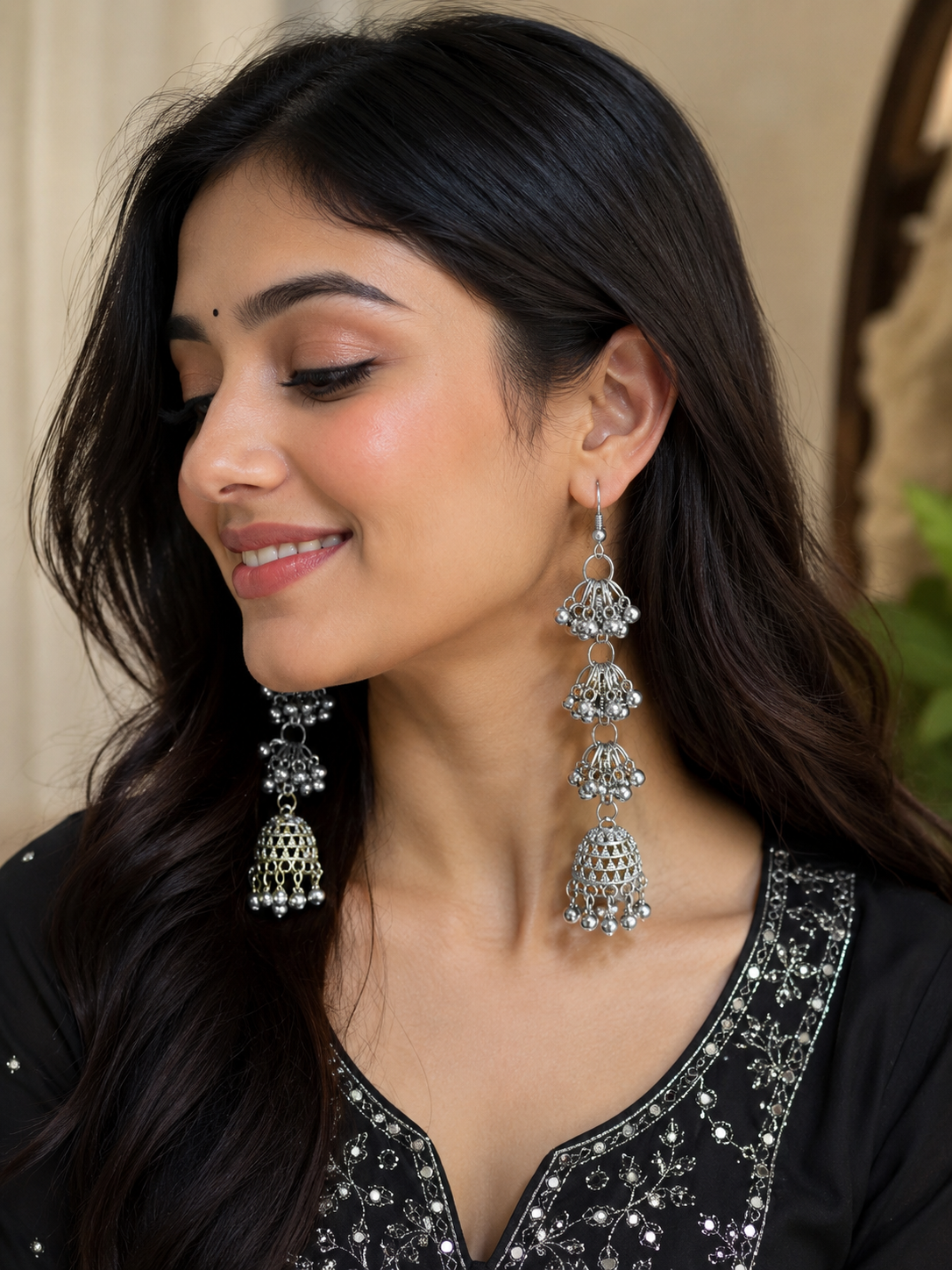 Oxidised Silver Long Jhumka Earrings with Ghungroo Detailing