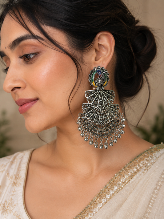 Oxidised Silver Peacock Jhumka Earrings