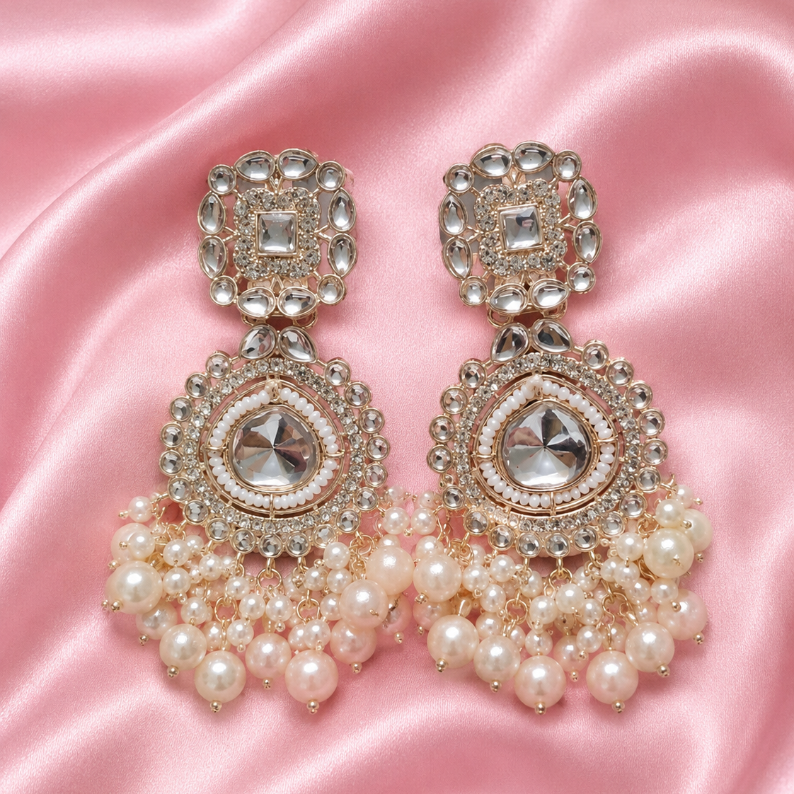 Kundan Pearl Chandbali Drop Earrings