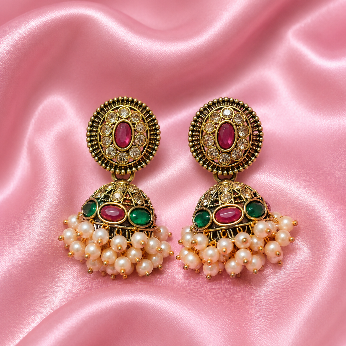 Antique Gold Multicolor Pearl Jhumka Earrings