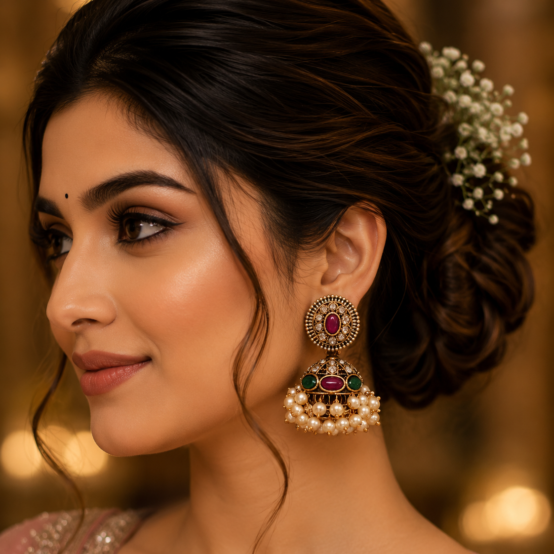 Antique Gold Multicolor Pearl Jhumka Earrings