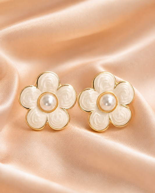 Cream Flower Pearl Stud Earrings