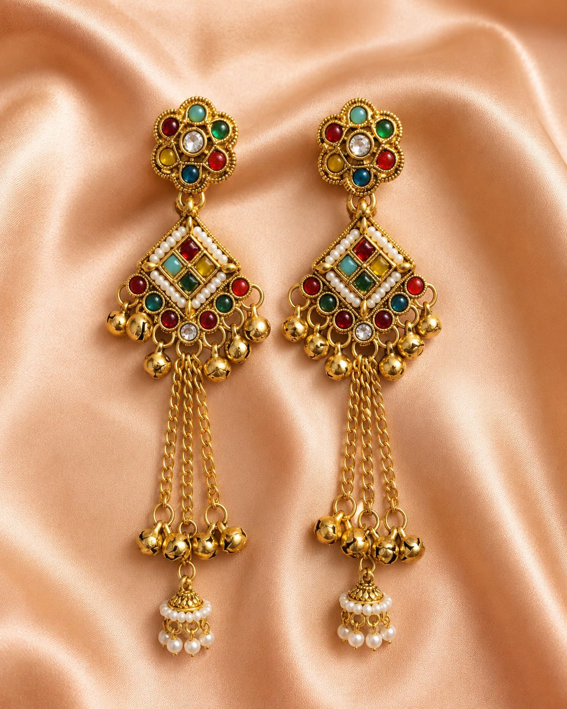 Antique Gold Multicolor Pearl Tassel Earrings