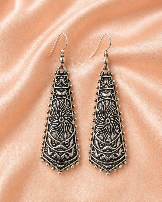 Oxidised Silver Long Drop Earrings
