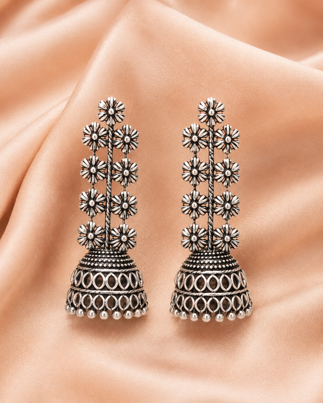 Oxidised Silver Floral Jhumka Earrings