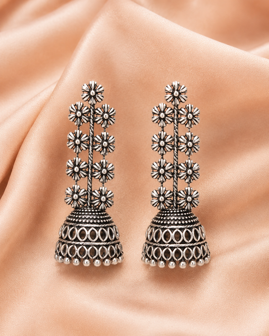 Oxidised Silver Floral Jhumka Earrings