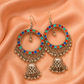 Oxidised Silver Multicolor Stone Hoop Jhumka Earrings