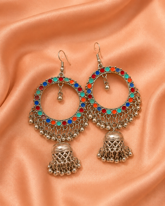 Oxidised Silver Multicolor Stone Hoop Jhumka Earrings