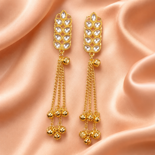 Gold Kundan Chain Kashmiri Earrings