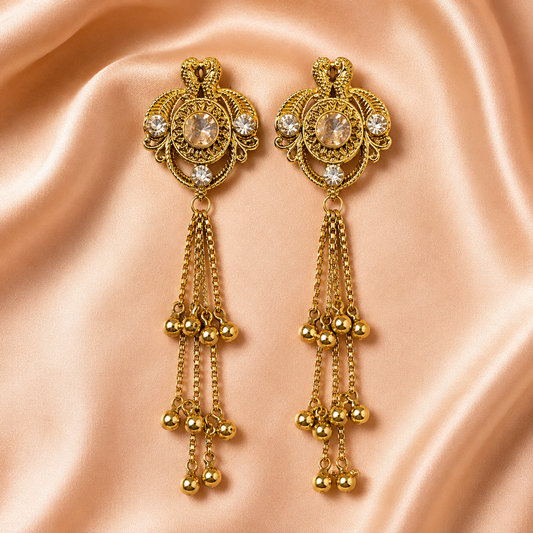 Gold Crystal Chain Tassel Kashmiri Earrings