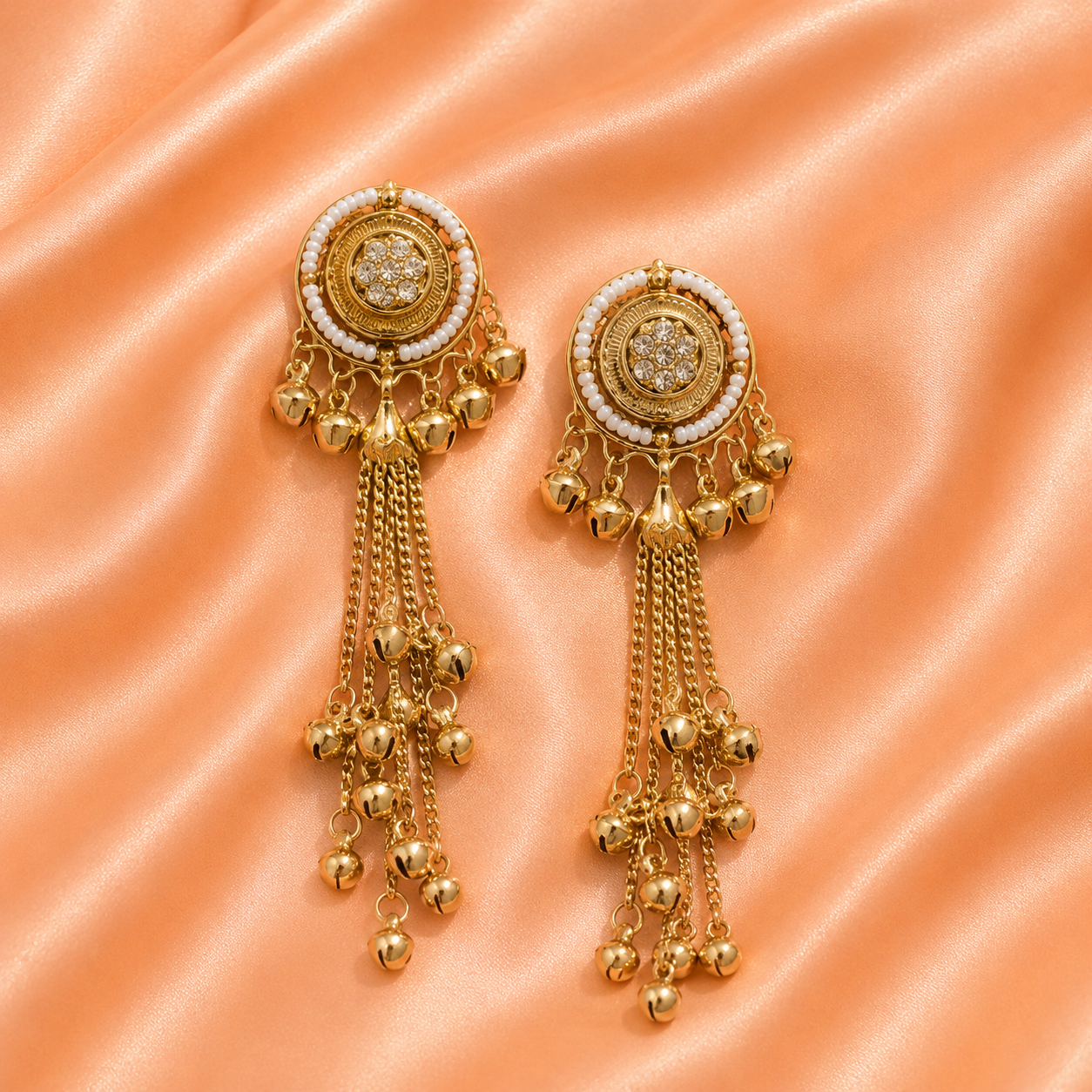 Gold Pearl Beaded Chain Tassel Earrings