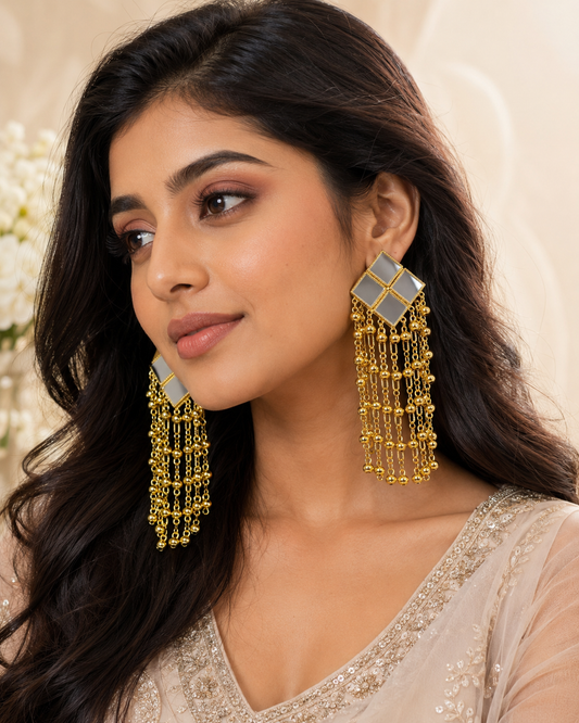 Gold Mirror Square Chain Tassel Kashmiri Earrings