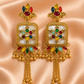 Multicolor Stone Square Dangling Earrings with Golden Tassels