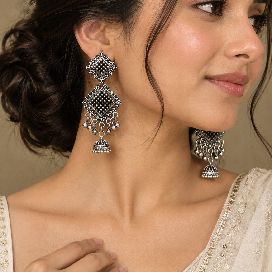 Traditional Oxidised Silver Geometric Square Earrings with Jhumka & Ghungroo Drops