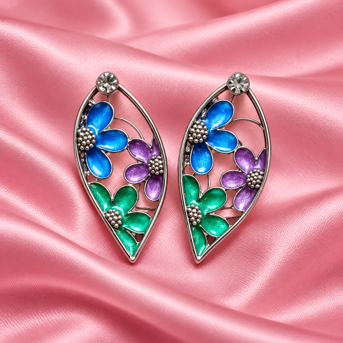 Silver Floral Enamel Leaf Earrings