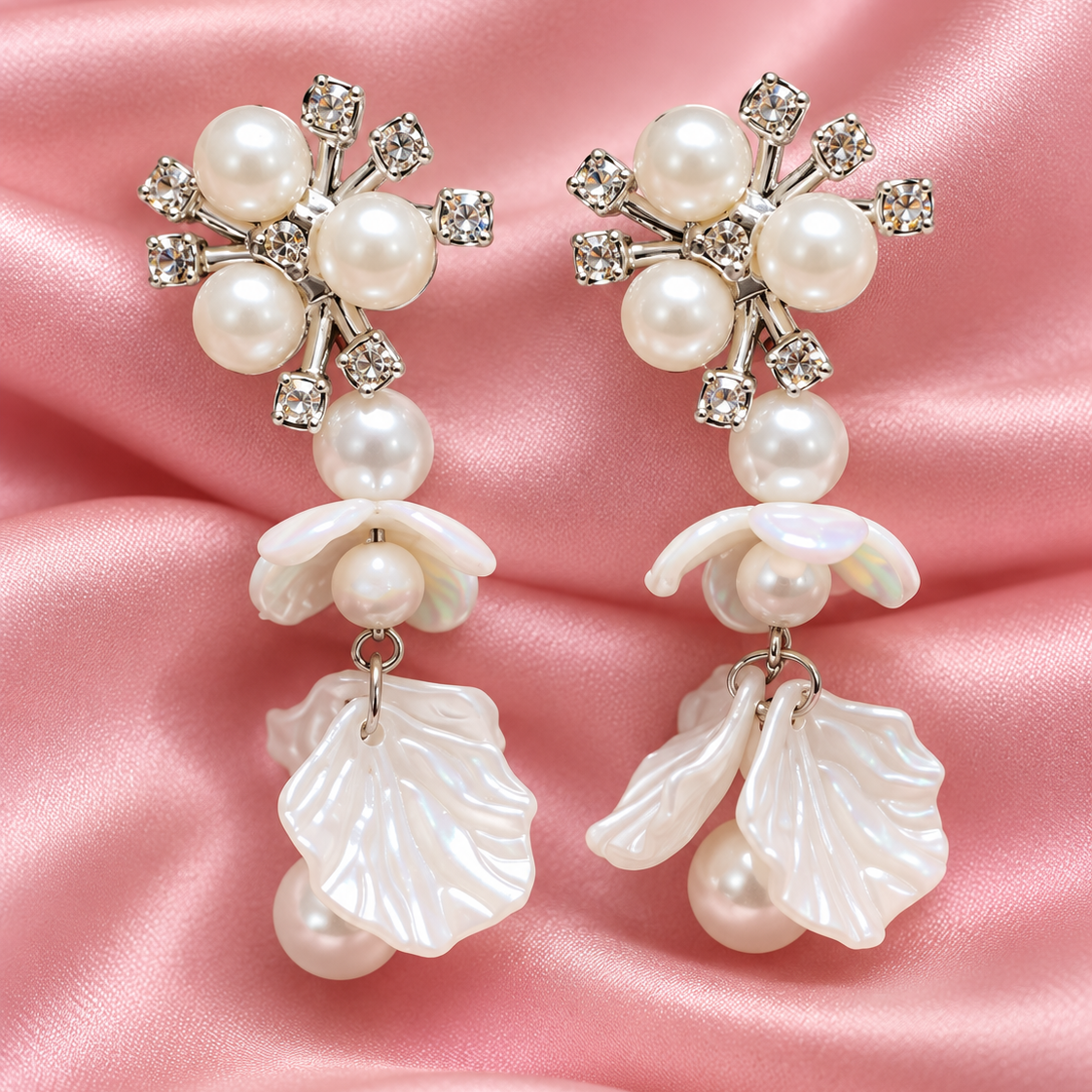 White Pearl Floral Shell Drop Earrings for Women