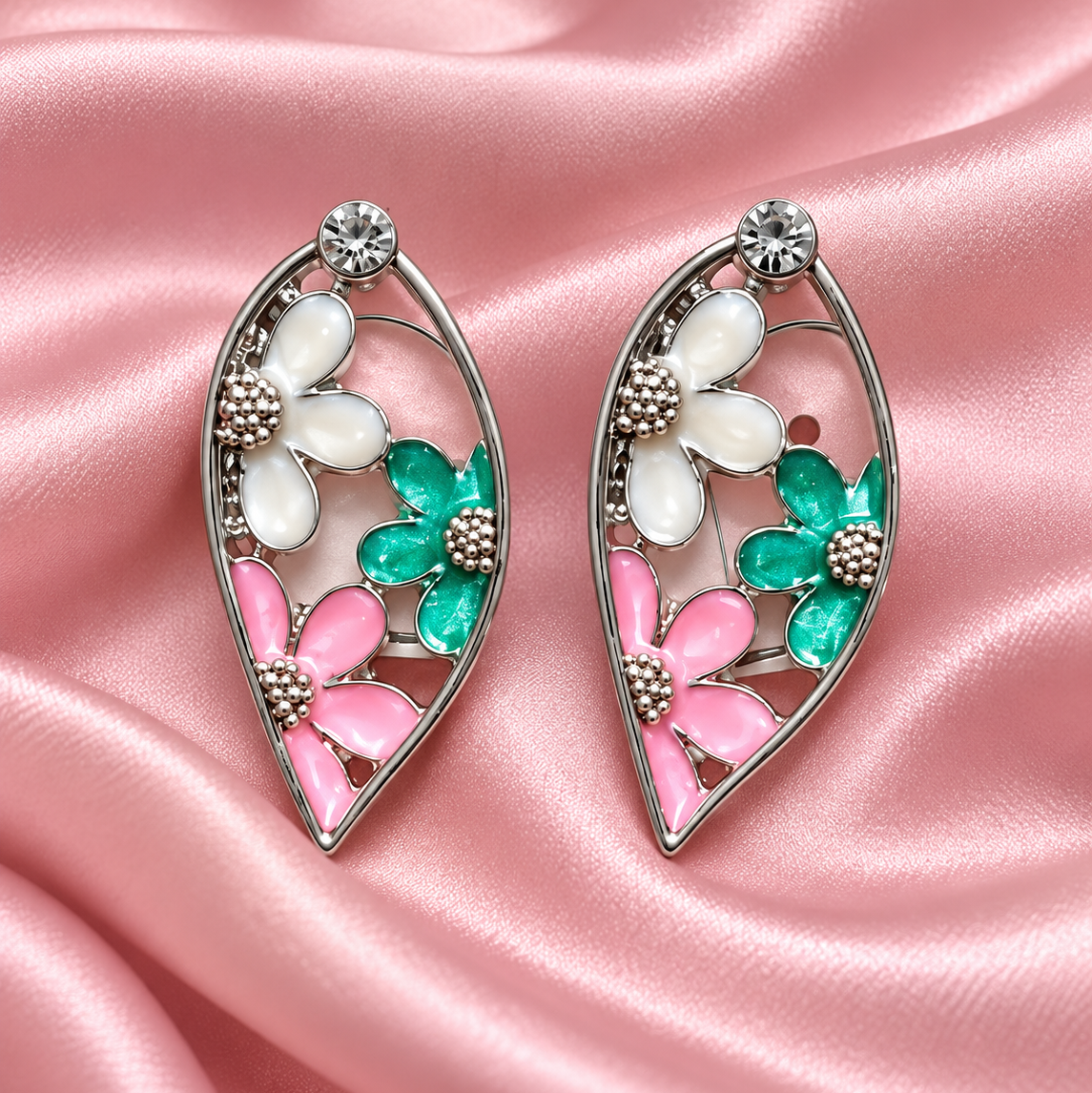 Silver Floral Enamel Leaf Earrings