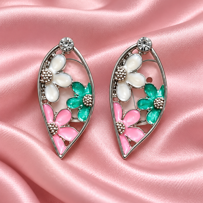 Silver Floral Enamel Leaf Earrings