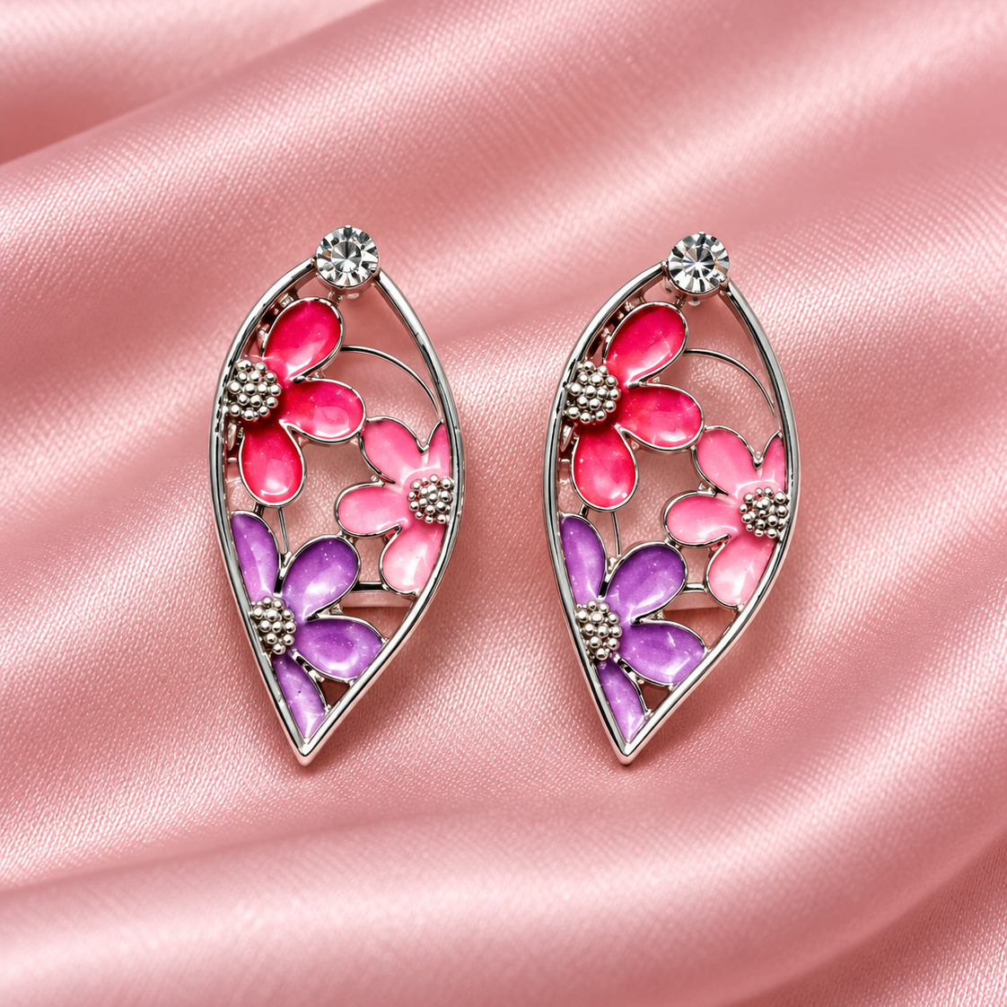 Silver Floral Enamel Leaf Earrings