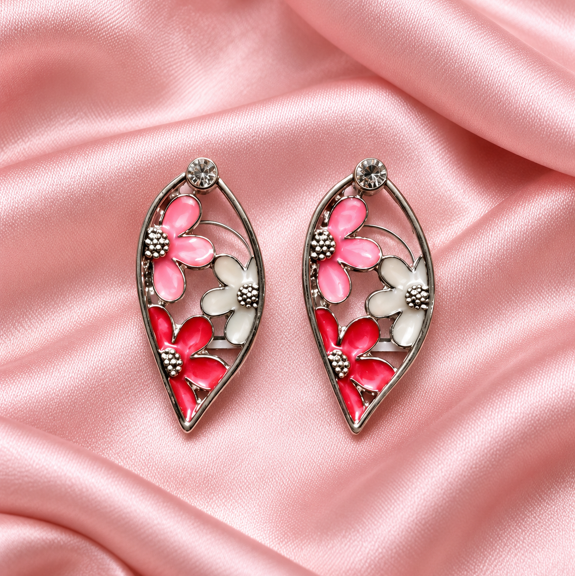 Silver Floral Enamel Leaf Earrings