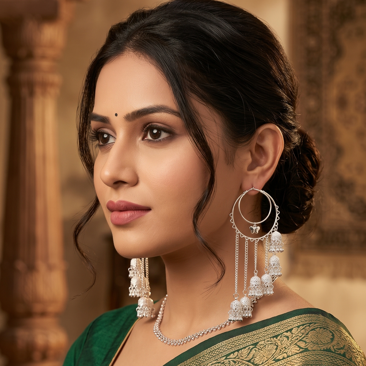 Silver Hoop Jhumka Chain Drop Earrings
