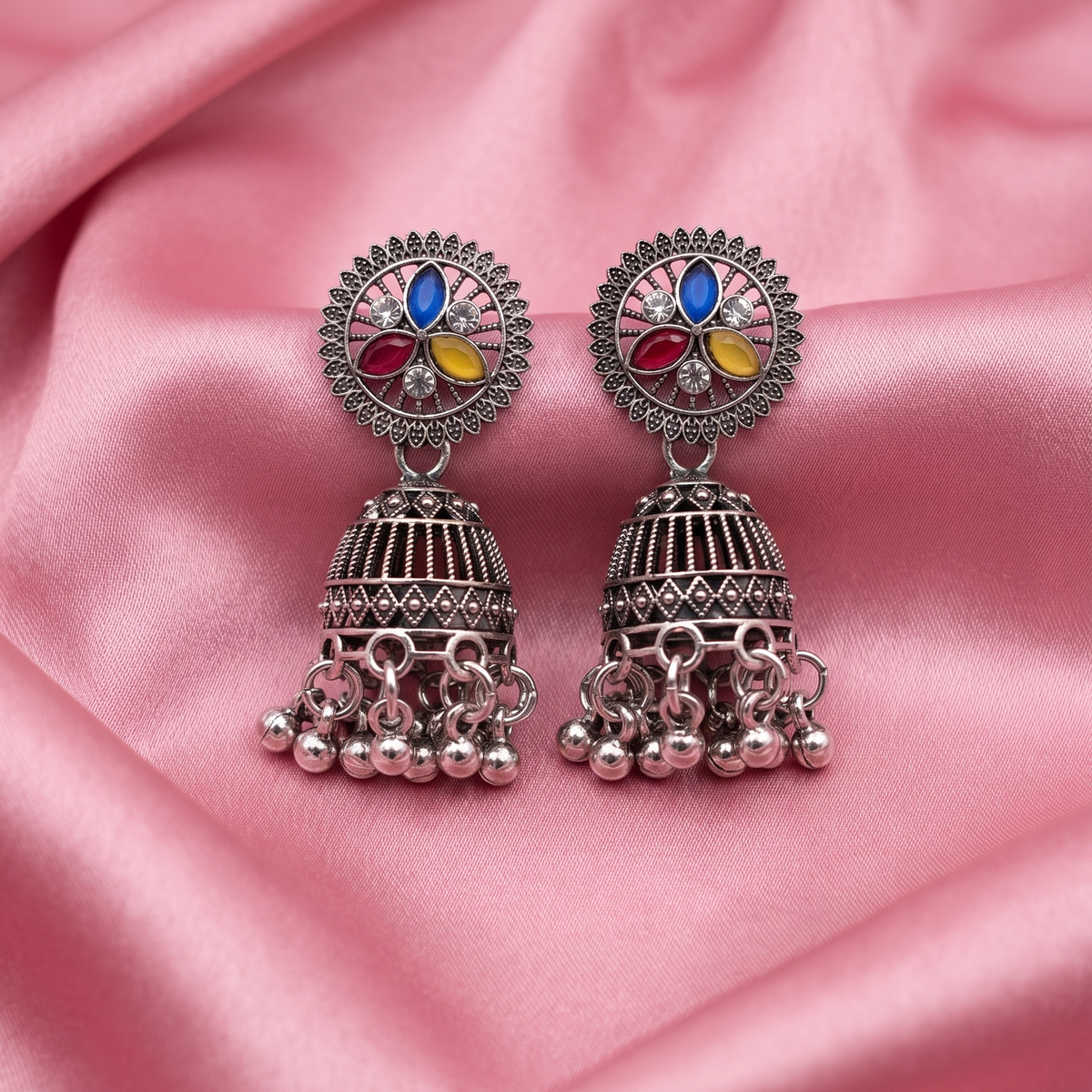 Multicolor Oxidised Silver Jhumka Earrings