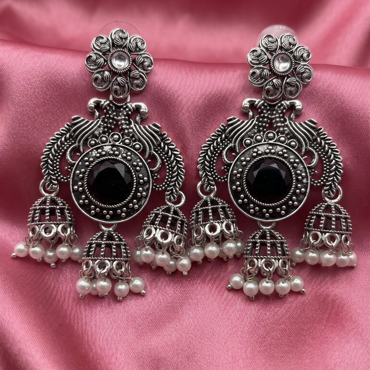 Oxidised Silver Peacock Chandbali Jhumka Earrings with Pearl Drops
