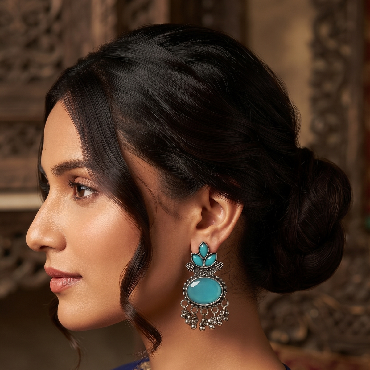 Oxidised Silver Lotus Stone Drop Earrings with Ghungroo Beads