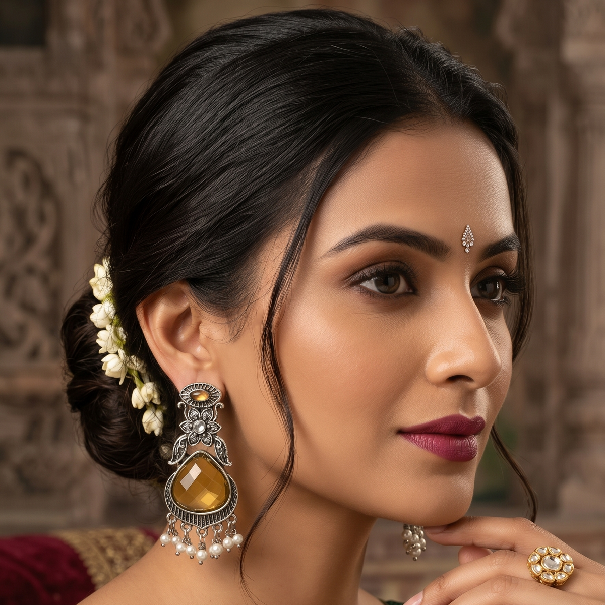 Oxidised Silver Floral Stone Drop Earrings with Pearl Beads