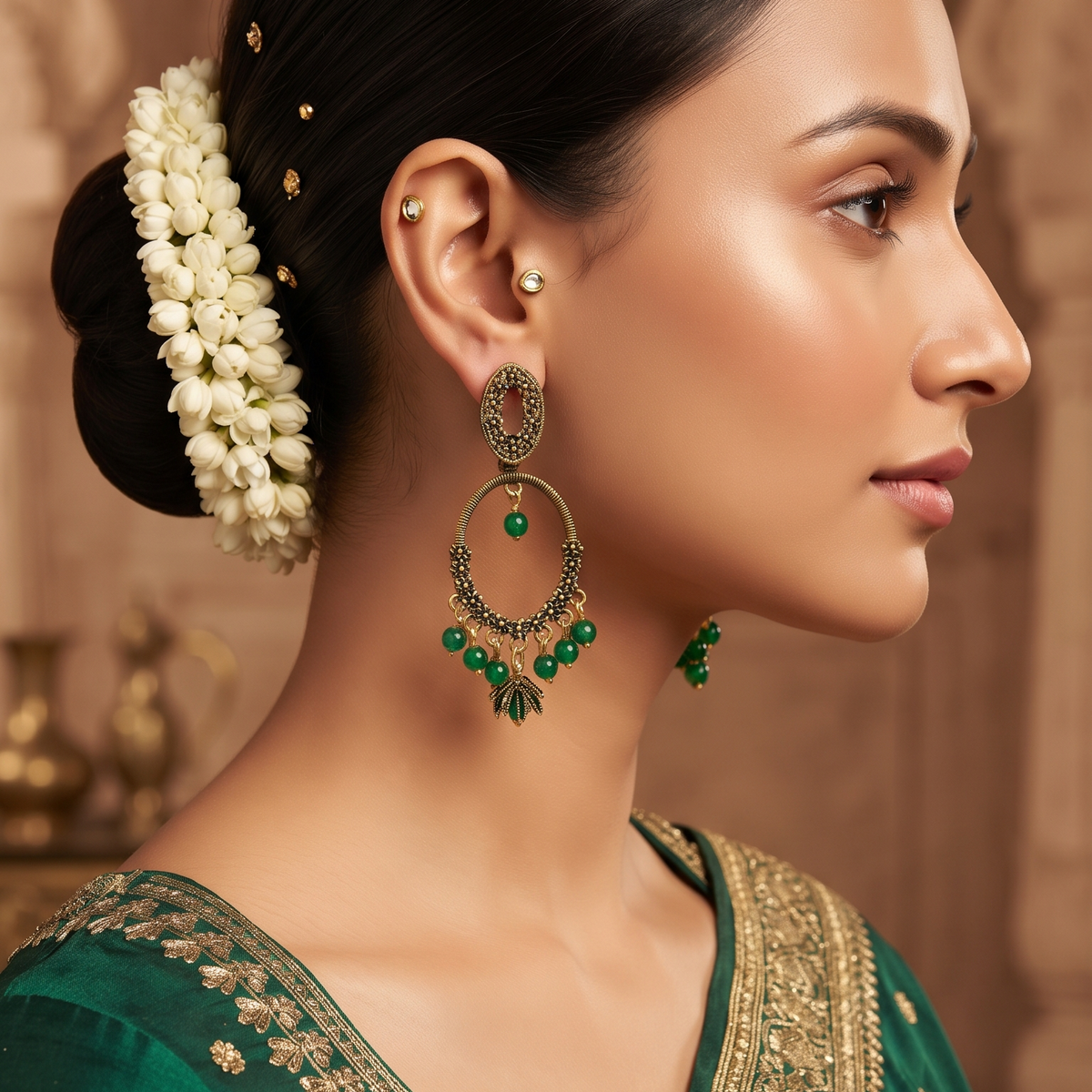 Antique Gold Green Beaded Chandbali Earrings