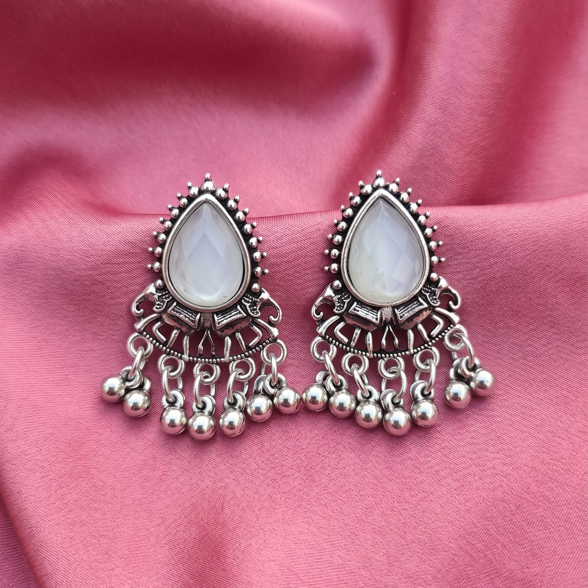 Oxidised Silver White Stone Ghungroo Drop Earrings