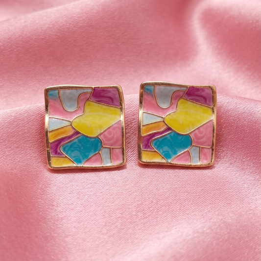 Multicolor Abstract Geometric Square Stud Earrings for Women