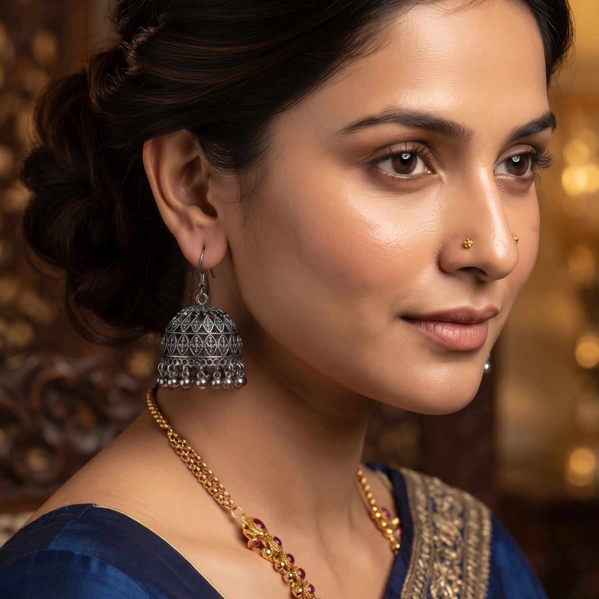 Traditional Oxidised Silver Dome Jhumka Earrings with Ghungroo Detailing for Women