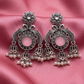 Oxidised Silver Peacock Chandbali Jhumka Earrings with Pearl Drops