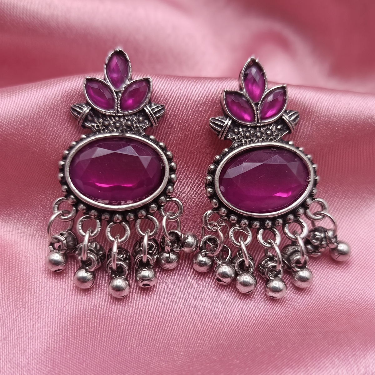 Oxidised Silver Lotus Stone Drop Earrings with Ghungroo Beads