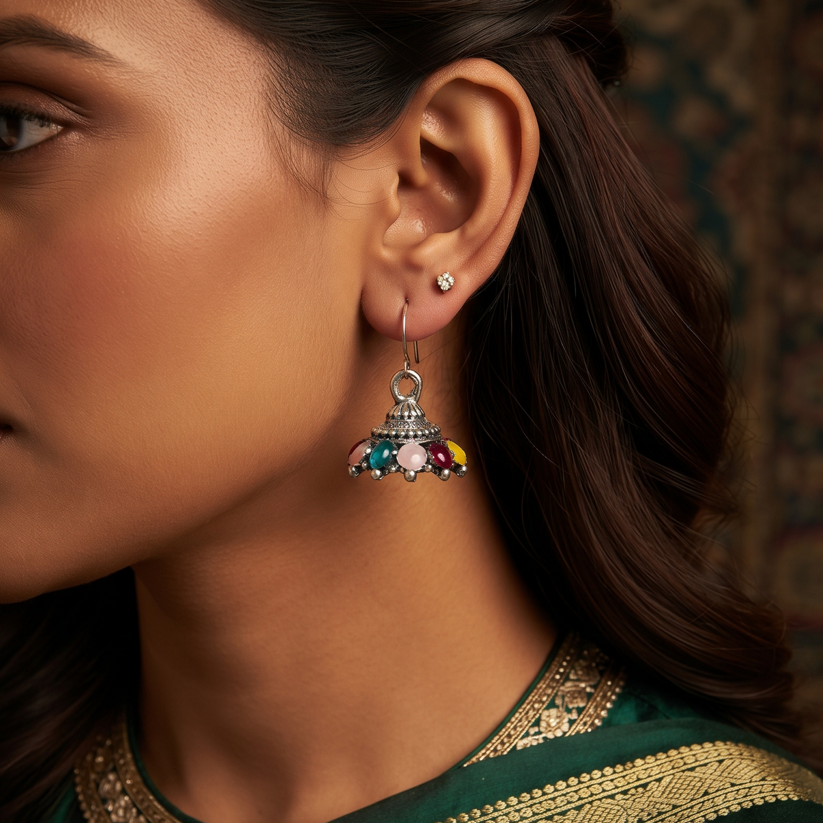 Multicolor Stone Oxidized Silver Dangle Jhumka Earrings