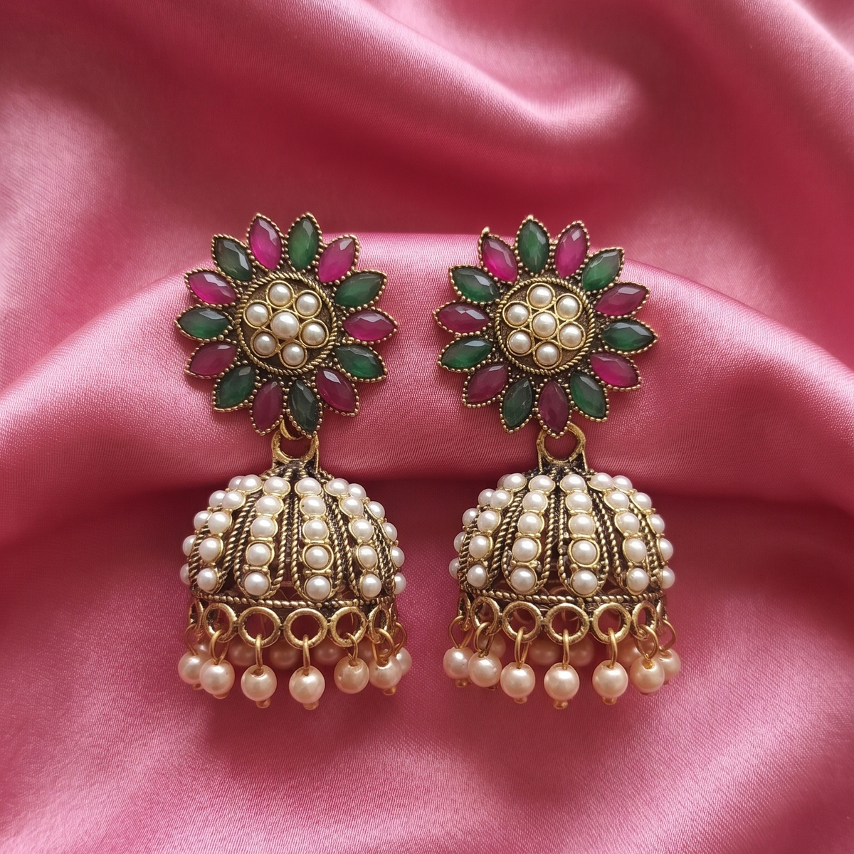 Antique Gold Multicolor Floral Jhumka Earrings