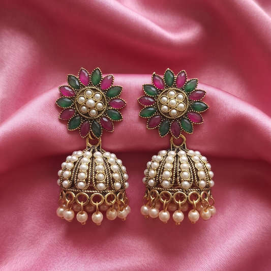 Antique Gold Multicolor Floral Jhumka Earrings