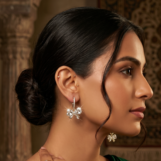 Crystal Bow Hoop Earrings – Gold & Silver